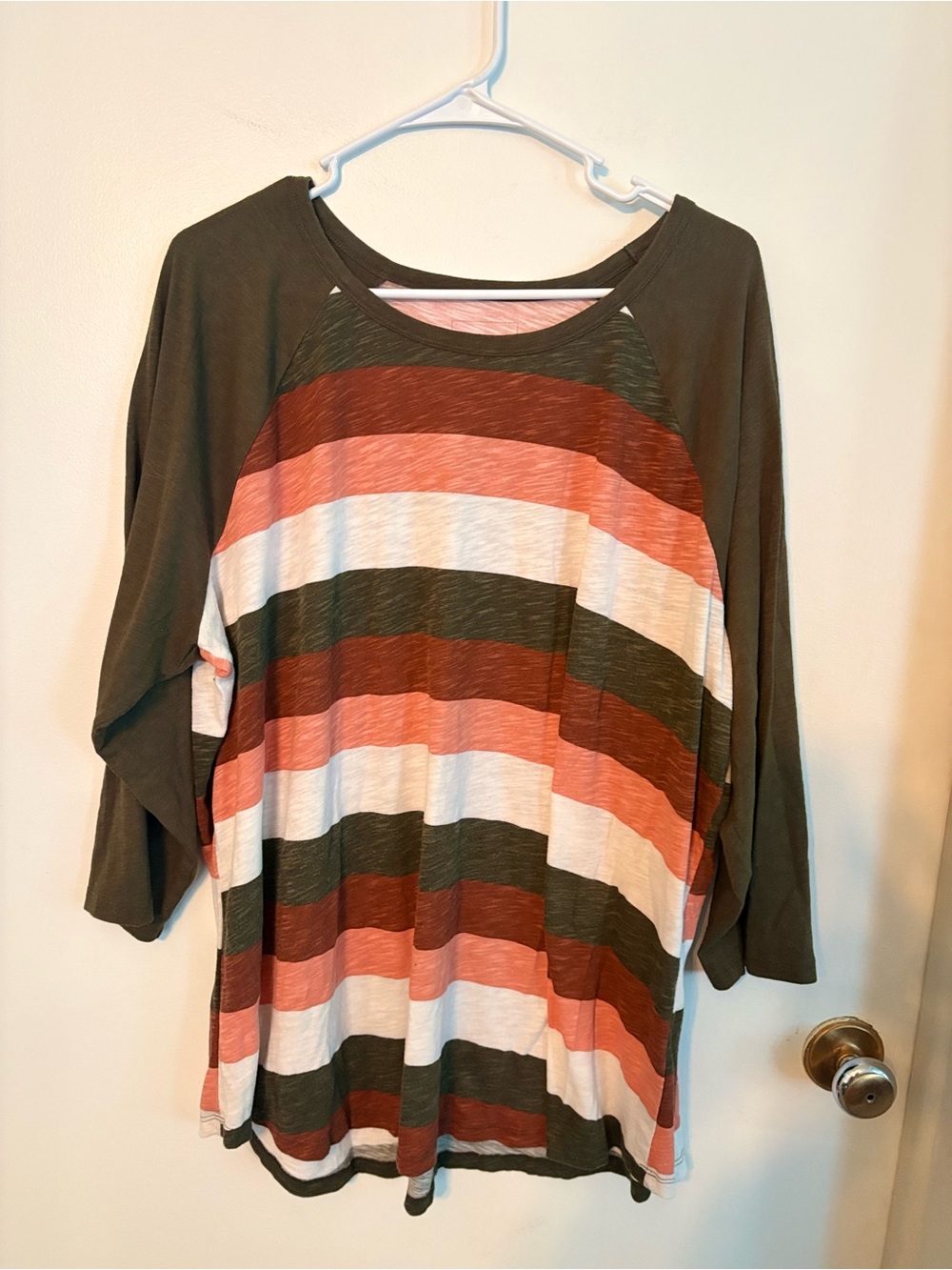 Sonoma Striped Scoop Neck Long Sleeve Top - Olive, Coral & White